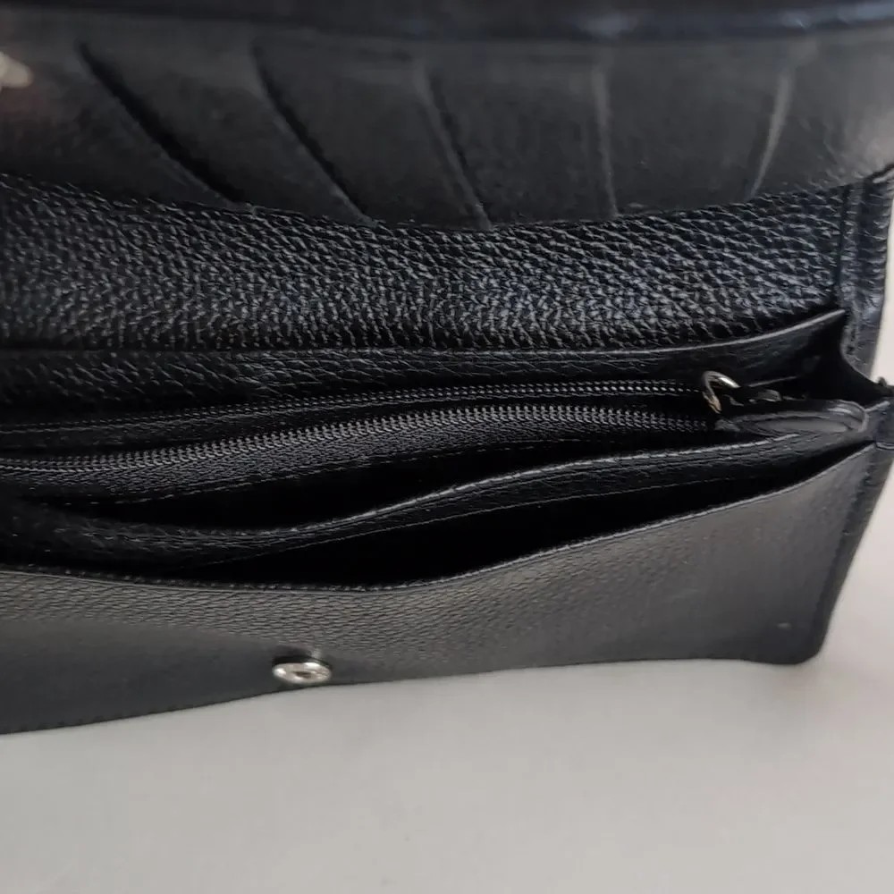 Brighton Talana Large Slim Wallet Woven Black Leather With Silver Medallion NWOT